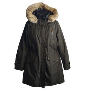 Ikazz Women's Olive Green Quilted Faux Fur Hood ZIP Up Jacket Coat Size S